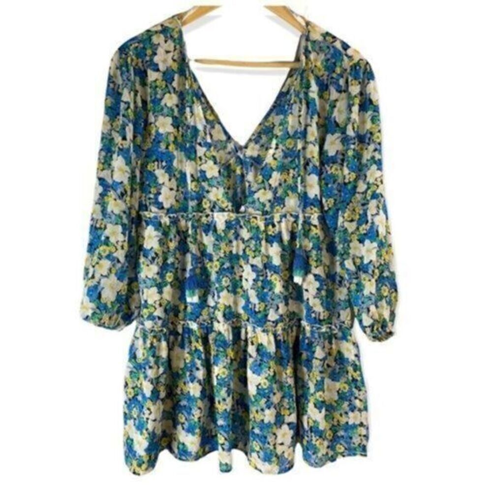 Blue Island Floral Swim Beach Cover Up Dress Blue Size S
